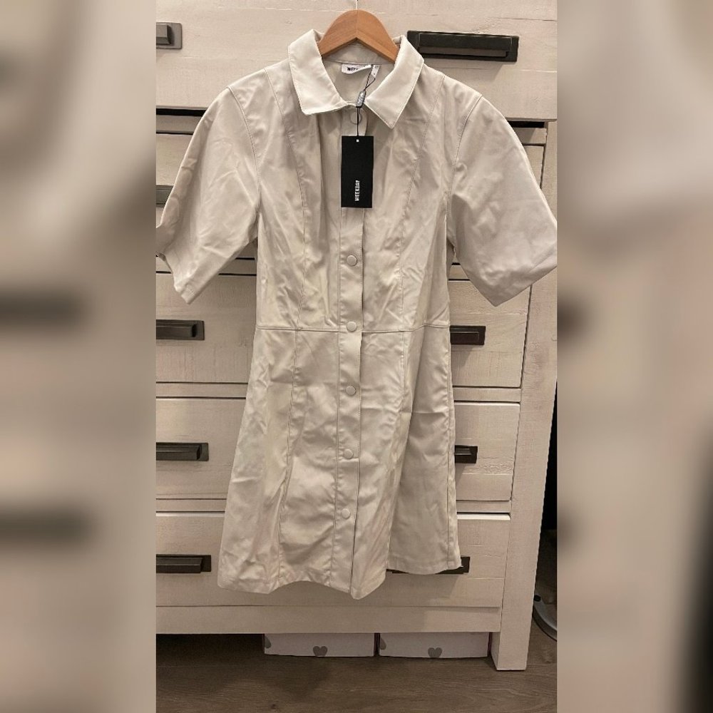 Weekday Faux Leather Mini Shirt Dress In Off White